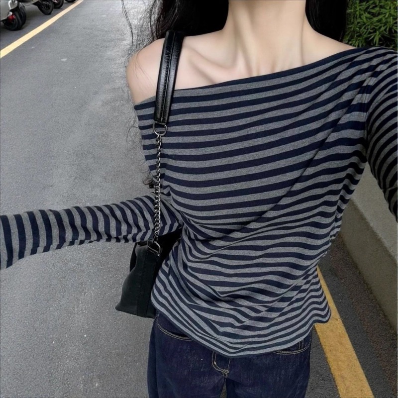 Blouse Off Shoulder - Damen Vintage Gestreiftes Off-Shoulder Langarm-Oberteil Koreanischer