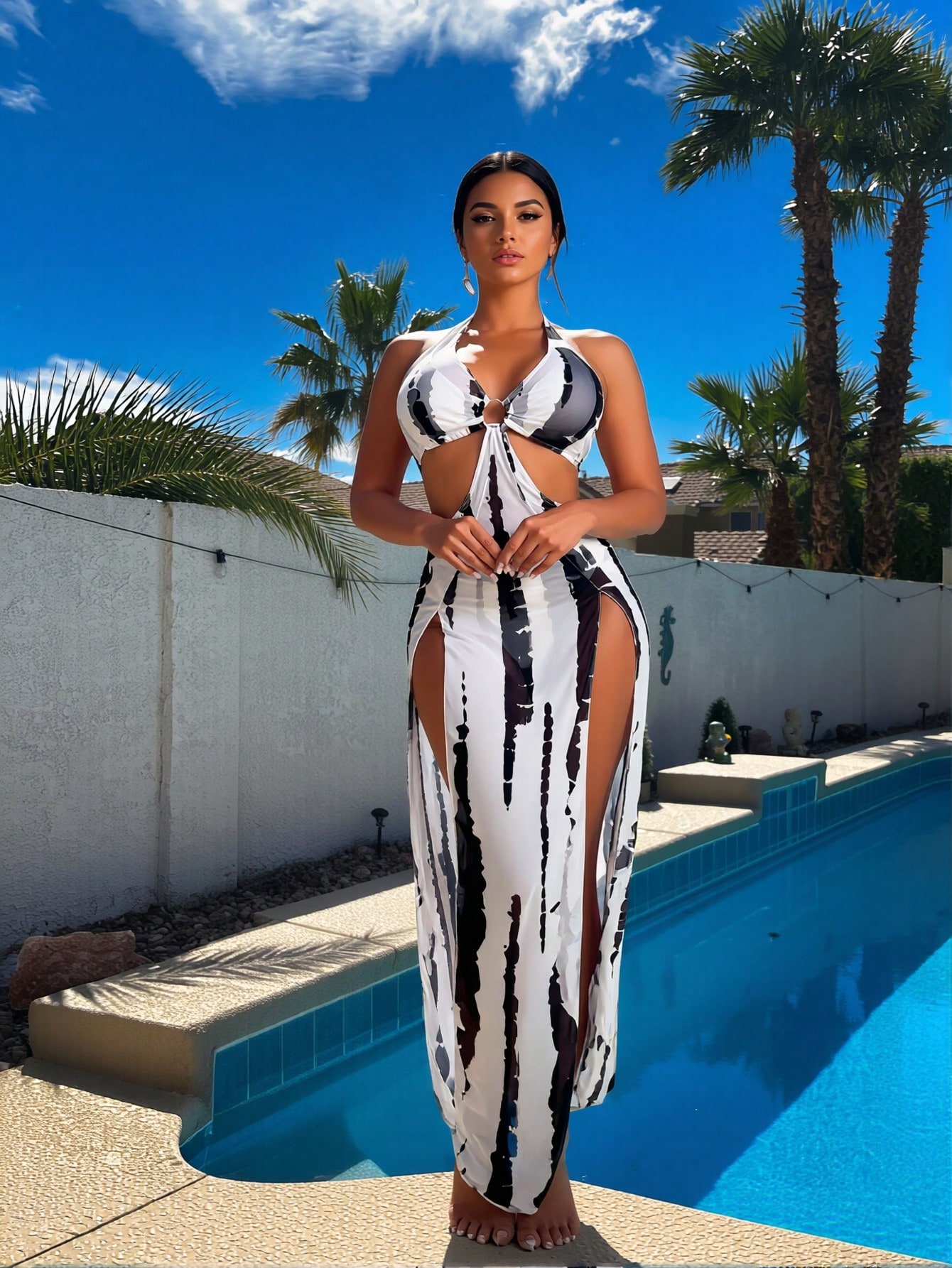 Neues schwarz-weißes Tie-Dye 3 – Maxi Dress Halter Bewertung und Preis